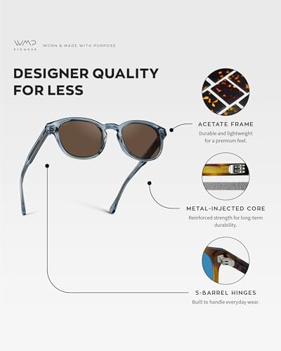WMP Eyewear - Men's Retro Round/Oval Polarized Sunglasses, Lightweight Acetate Frame, UV Protection, Metal Core Design